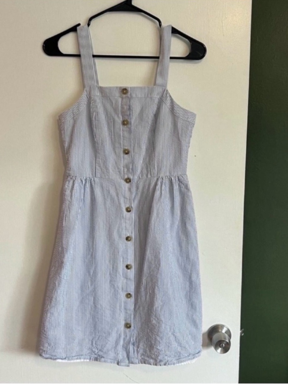 J. Crew blue and white pinstripe seersucker mini dress button front size 0